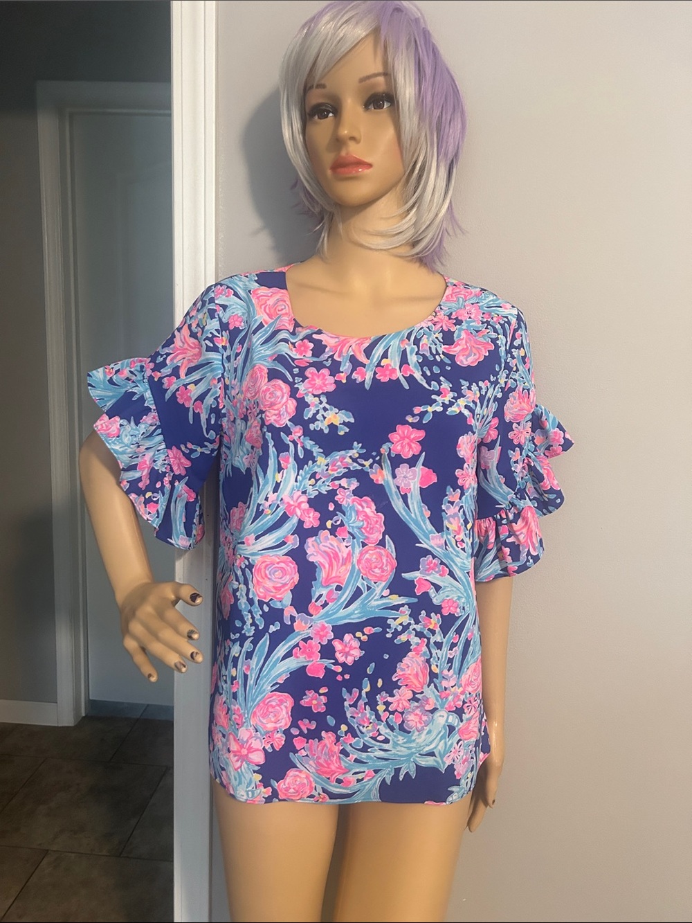Lilly Pulitzer Navy Floral Ruffle Sleeve Top with Pink & Aqua Accents